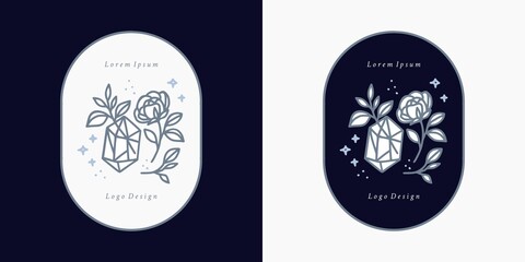 Hand drawn vintage gems, crystal, floral logo, and feminine beauty brand element in elegant and minimal style