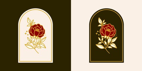 Hand drawn vintage botanical rose flower logo template and feminine beauty brand element in elegant and minimal style