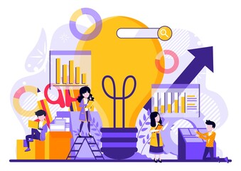 New idea or startup concept, vector illustration. tiny people grow ideas, people characters develop creative business idea, innovation. Vector illustration