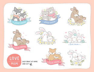 Draw stickers cute animals for Mother'day.