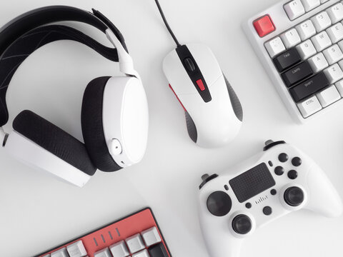 gamer work space concept, top view a gaming gear.