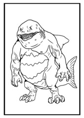 Fantasy shark man vector drawing. Monster shark coloring template.	

