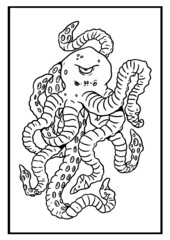 Giant octopus vector drawing.  Sea monsters coloring template. 