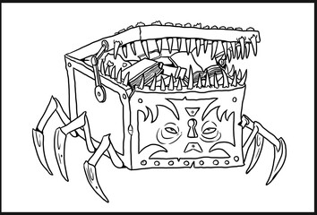 Pirate chest with teeth drawing. Monster suitcase coloring template.	