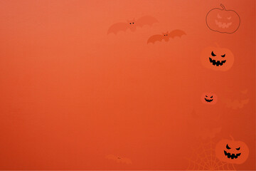 Orange background for Halloween. Drawing pumpkin, spider web and bat