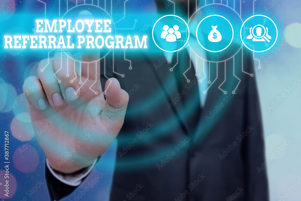 Poster writing note showing employee referral program. business concept for employees are rewarded for intr