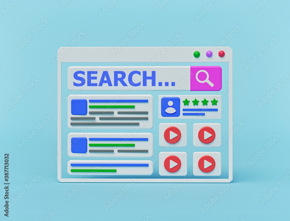 Poster minimal cartoon style online browser window with search results. 3d rendering