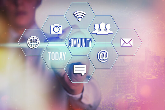 Conceptual hand writing showing Community. Concept meaning group of showing with a common characteristics living together Grids and different icons latest digital technology concept