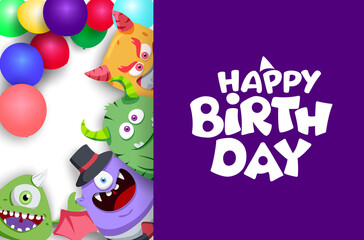 Happy birthday vector banner template. Happy birthday text in purple empty blank space for messages with scary cute character creatures for kids party celebration design. Vector illustration.