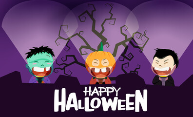 Halloween kids party vector background design. Happy halloween text with cute scary kid characters like pumpkin, zombie and vampire holding flashlight for trick or treat costume party celebration.