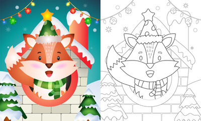 coloring book with a cute fox christmas characters using hat and scarf inside the house