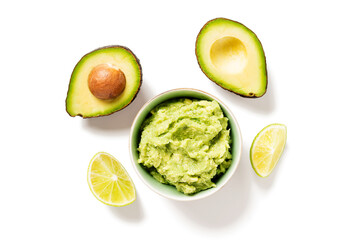 Bowl with guacamole and ripe avocado on white background top viev