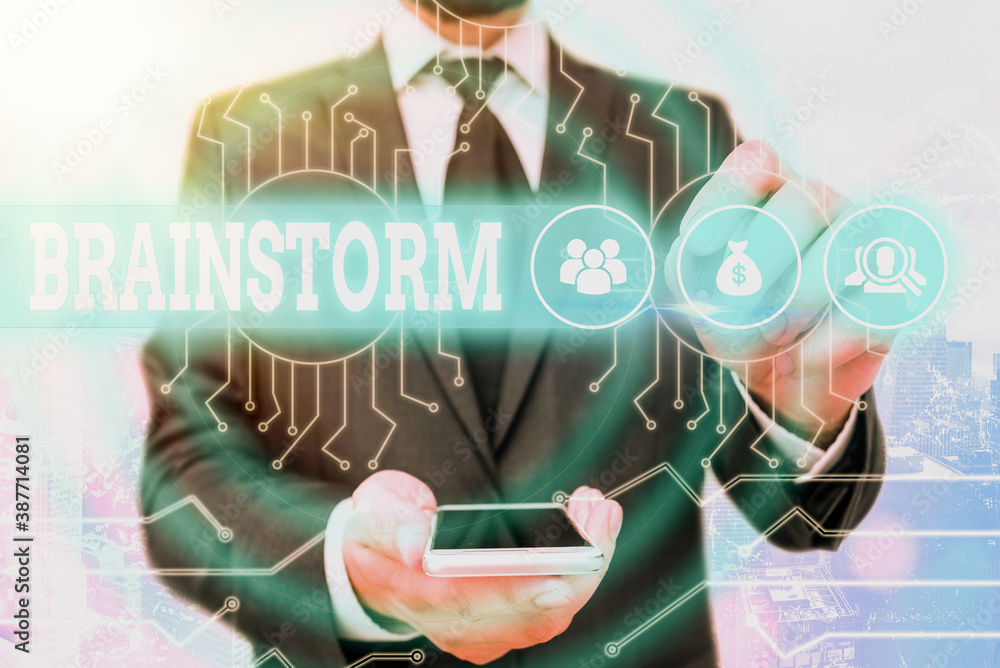 Poster text sign showing brainstorm. business photo showcasing solve a problem or come up with new ideas by