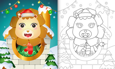 Obraz na płótnie Canvas coloring book with a cute lion christmas characters using santa hat and scarf inside the house