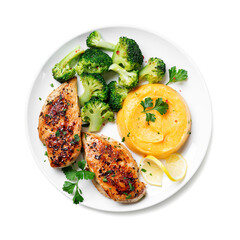 Grilled Chicken breast or fillet served with mashed sweet potato and stir fry broccoli. Healthy diet menu for lunch. top view .isolated on white background