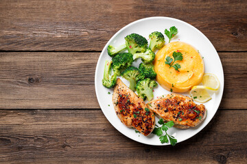 Grilled Chicken breast or fillet served with mashed sweet potato and stir fry broccoli. Healthy...