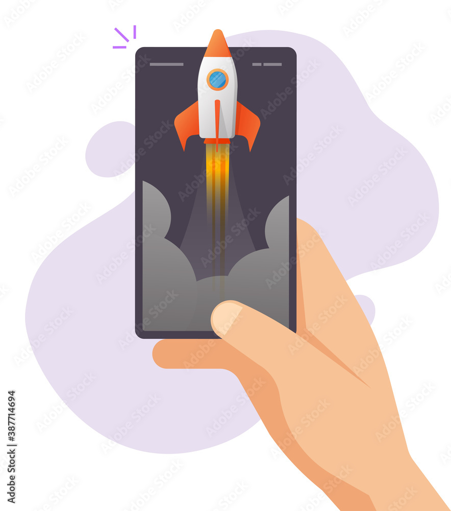 Poster boost online app strategy on mobile phone smartphone as rocket launch event vector, cellphone startu