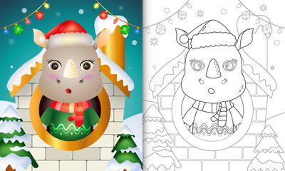 coloring book with a cute rhino christmas characters using santa hat and scarf inside the house