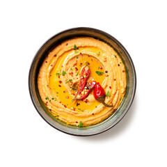 Roasted red pepper hummus  isolated on white background