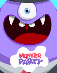 Monster party alien vector concept design. Monster party text in creepy weird character creature for kids horror birthday celebration greeting design. Vector illustration.