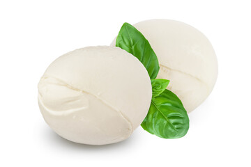 Mozzarella cheese with basil leaf isolated on white background with clipping path and full depth of field