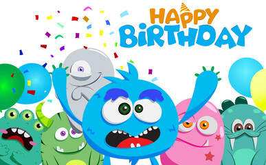 Happy birthday vector character design. Happy birthday text in white space with scary cute monster creature characters for kids party celebration greeting card design. Vector illustration. 