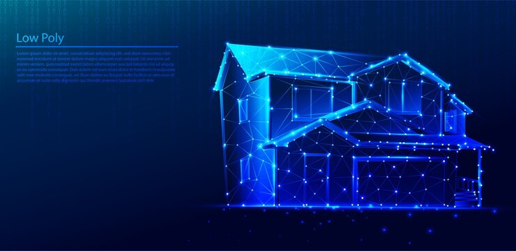 Polygonal mansion or house on dark blue tech background, triangles and particle style design. 