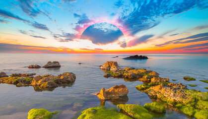 Long exposure photo of Beauty sunset over the sea with solar eclipse in the background