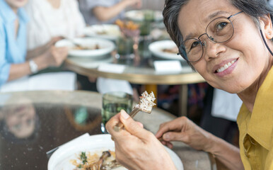 Happy elderly senior people society family lifestyle concept. Ageing Asia women and man having...
