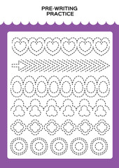 Tracing practice for kids. Pre-writing worksheet for little children. Prescool or kindergarten super handwriting practice. Fine motor skills. Lets trace dashed lines. Activity Game. Purple.