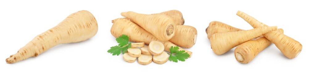 Fototapeta na wymiar Parsnip root and slices with parsley isolated on white background closeup, Set or collection