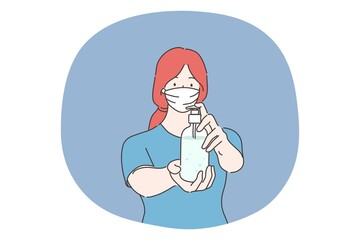 Healthcare, quarantine, protection, coronavirus infection concept. Young woman with medical face mask pouring hygienic antiseptic on hands. Sanitary measures from covid19 disease or 2019ncov biohazard