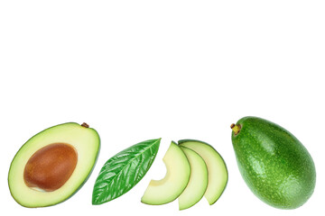 avocado and slices isolated on white background with copy space for your text. Top view. Flat lay