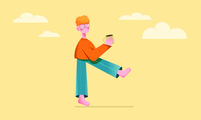 2d walking man with a cup of coffee