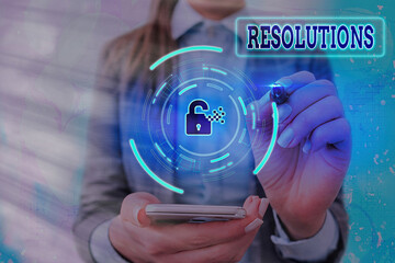 Conceptual hand writing showing Resolutions. Concept meaning the act of analyzing a complex notion into simpler ones Graphics padlock for web data security application system