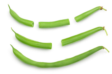 Green beans isolated on a white background with clipping path, Top view. Flat lay