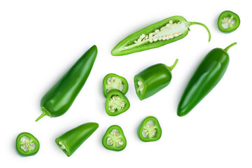 jalapeno peppers isolated on white background. Green chili pepper with clipping path. Top view. Flat lay - obrazy, fototapety, plakaty