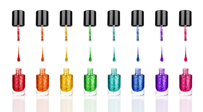 Colorful Glitter Nail Polish Glass Bottles, Brush & Drop Set White Background Isolated Close Up, Sequin Varnish Open Container Collection, Rainbow Sparkles Enamel, Shiny Lacquer, Shimmer Gel, Cosmetic