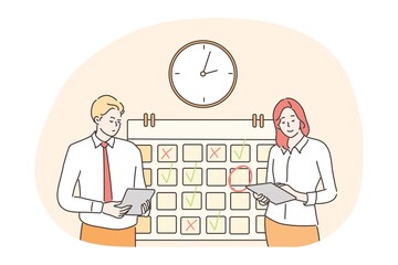 Time management, multitasking, efficiency, plan, teamwork, business concept. Business people employees manager stand near checklist together. Event organization or effective productivity optimization.
