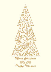 Hand-drawn Christmas tree with ethnic abstract pattern. Merry Christmas, Happy New year - text.
