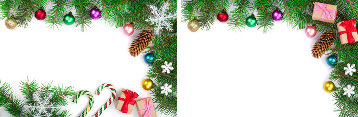 Christmas frame decorated isolated on white background with copy space for your text. Top view.