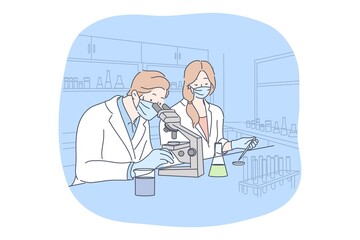 Science, virus, coronavirus, medicine concept. Team of man woman doctors scientists workers in medical face mask testing vaccine from COVID19. Scientific test academic research 2019ncov infection.