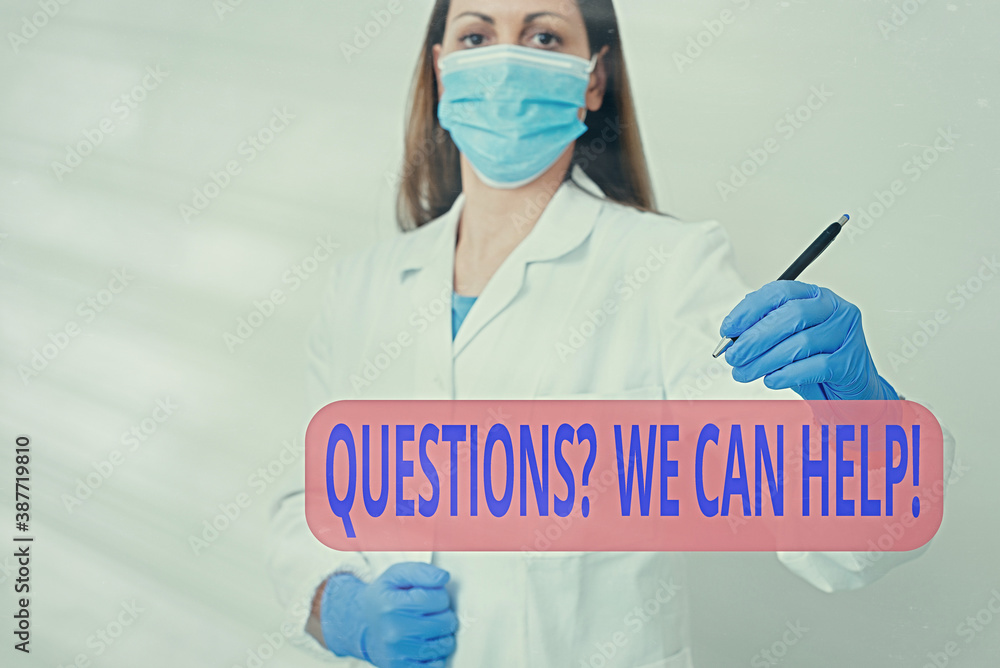 Poster writing note showing questionsquestion we can help. business concept for offering help to those who 
