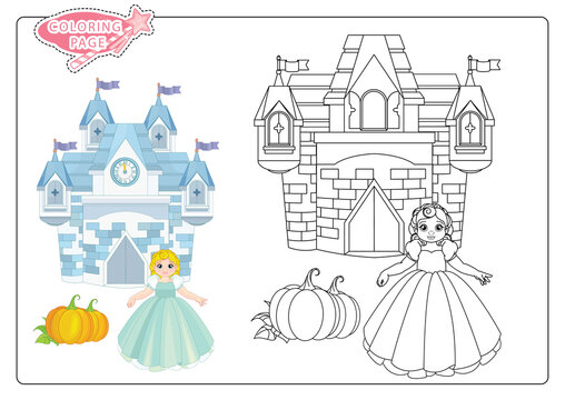 Cute Princess and Fairy Tale Castle coloring page on white background