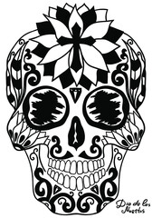 Mexican holiday Day of the Dead Celebration Festival and Halloween. Sugar skull  for poster, card, print, emblem, sign, tattoo, t-shirt. background. .  Black and white vector illustration 

