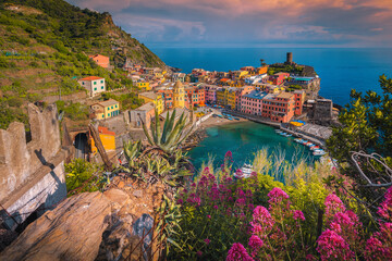 Vernazza panoramic view from the flowery garden, Cinque Terre, Italy