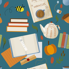 Cozy reading pattern. Illustration for cards, books, textile, etc. Print with pumpkin, teapot and teacup. 