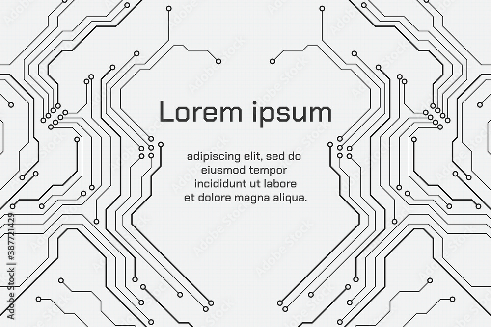 Poster Circuit Board Technology Electronic Scheme Pattern Abstract Background. PCB Trace Black And White Engineering Data Communication Concept Vector.