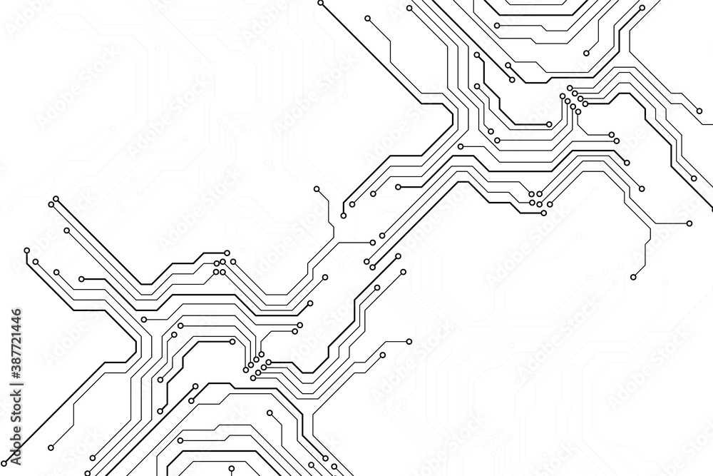 Aufkleber Circuit Board Technology Electronic Scheme Pattern Abstract Background. PCB Trace Black And White Engineering Data Communication Concept Vector.