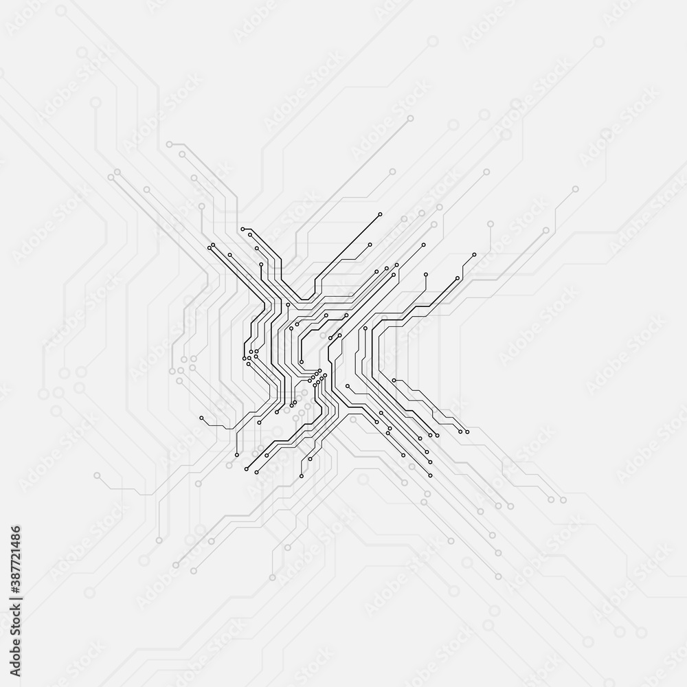 Poster Circuit Board Technology Electronic Scheme Pattern Abstract Background. PCB Trace Black And White Engineering Data Communication Concept Vector.